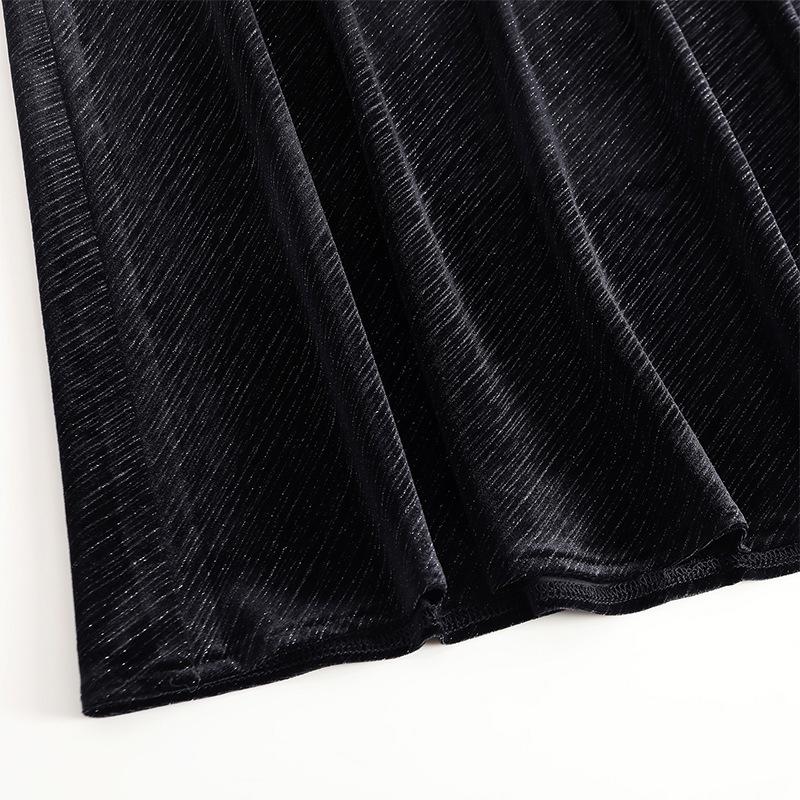 Black High-Waisted A-line Velvet Skirt - Elegant Mid-Length Design for Spring & Autumn