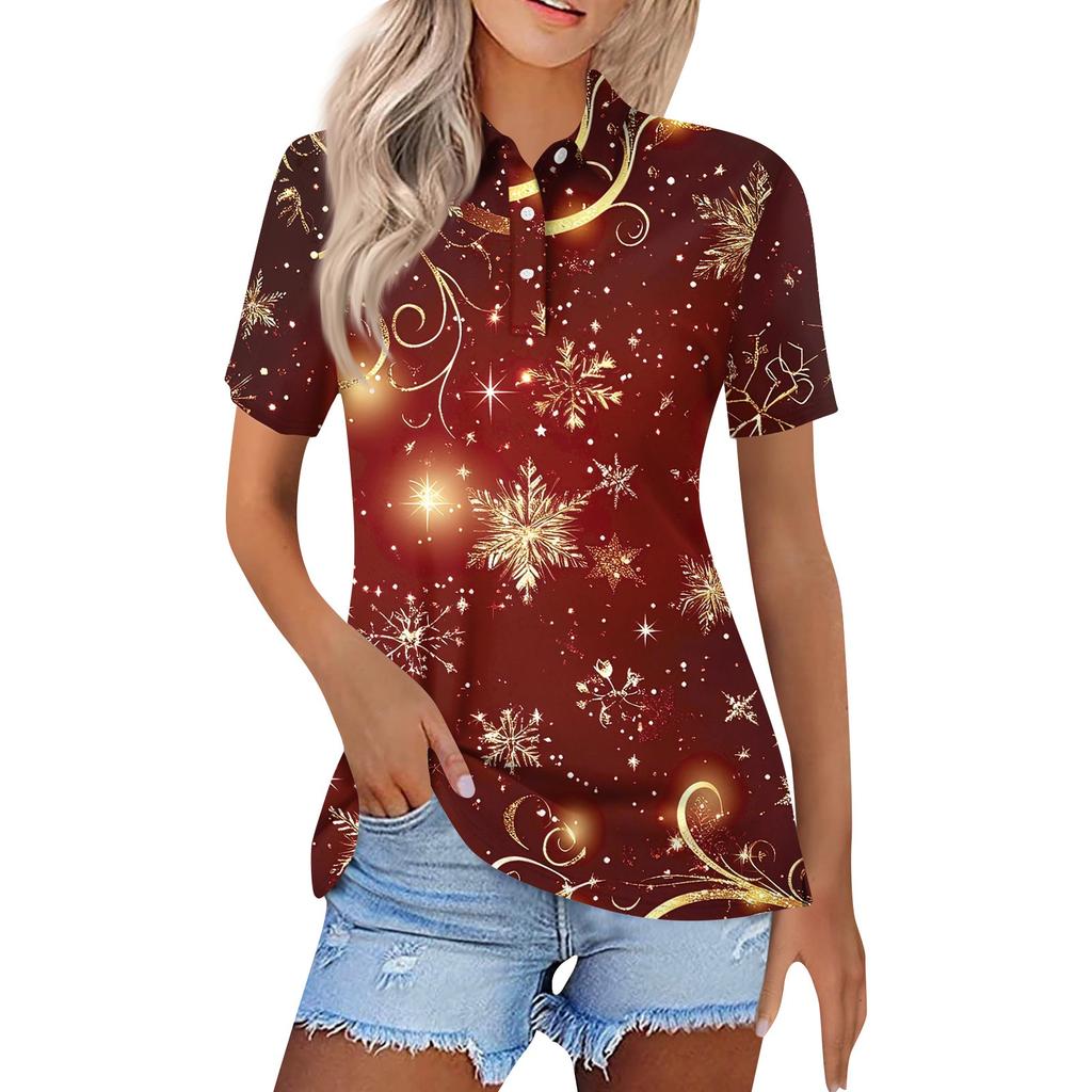 Women's Fashion Casual Lapel Short Sleeve Christmas Print Shirt Women's Button Up Tops