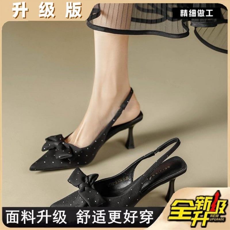 Rhinestone bow pointed head thin heel high heel single shoes women's word with temperament bag head sandals summer