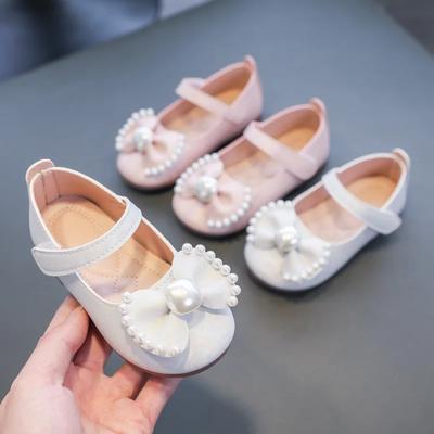 Baby Girls Leather Shoes Kids Flats Children Casual Flats Bow-knot Princess Sweet 2024 Spring Brand New Soft Rhinestone Pearls