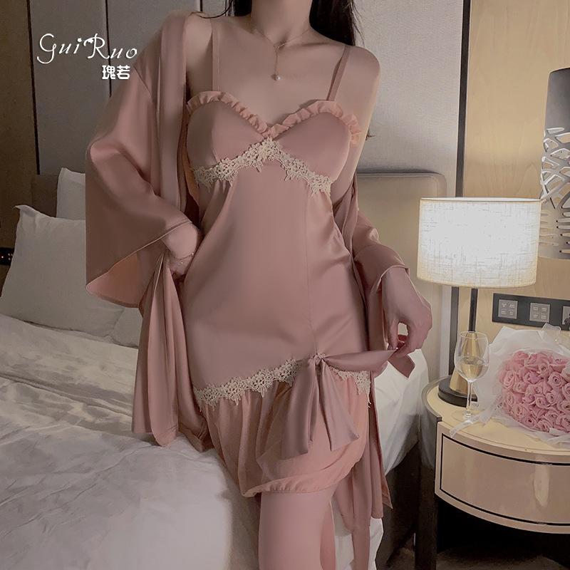 Women's Silky Breathable Push Up Padded Cami Sleep Dress with Robe Lounge Set