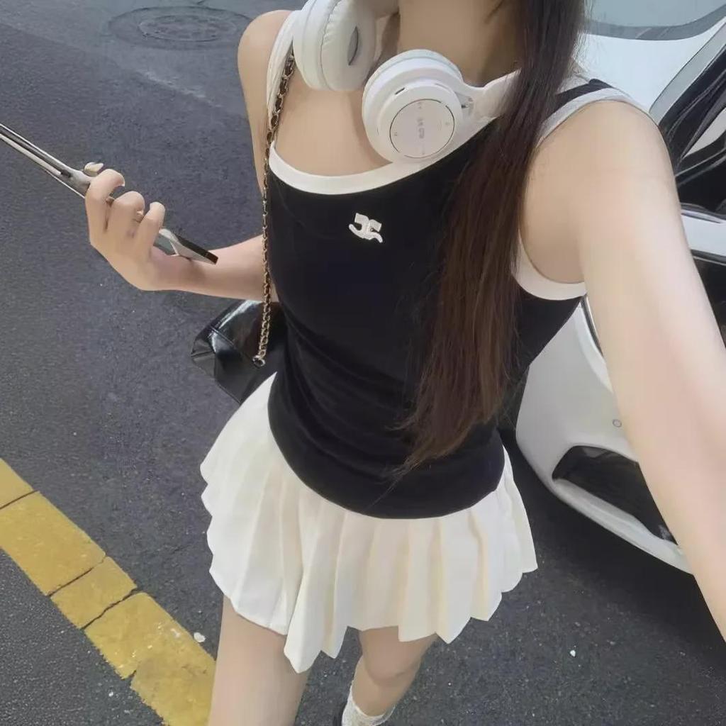 Americká retro vyšívaná slim vesta bez rukávů s odhalenými rameny