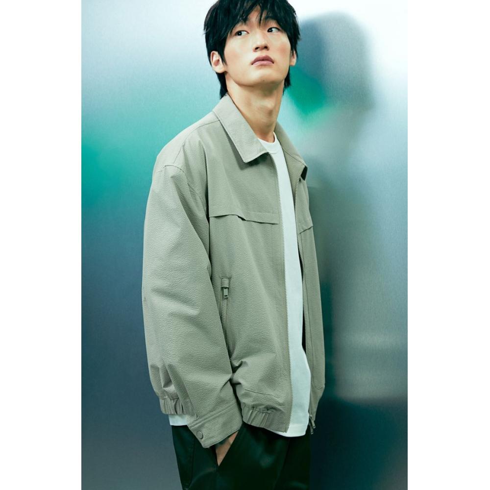 H M Waffle Texture Jacket Loose Fit pistacHio Green