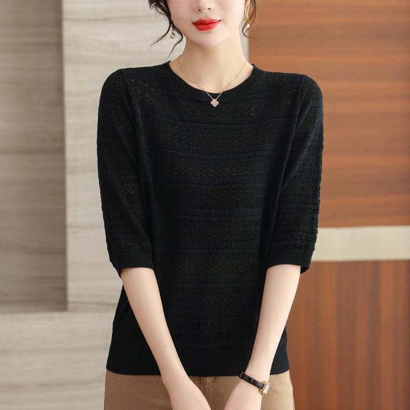 Summer Casual Hollow T-shirt Spring and Summer Mid Sleeve Knitted Sweater for Women