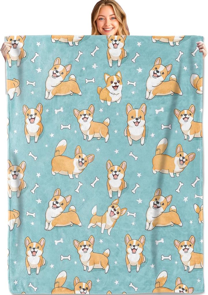 Cute Corgi Throw Blanket,Soft,Lightweight Flannel,Playful Dog Blankets - Gifts for Kids Boys Girls,for Couch Office Trav