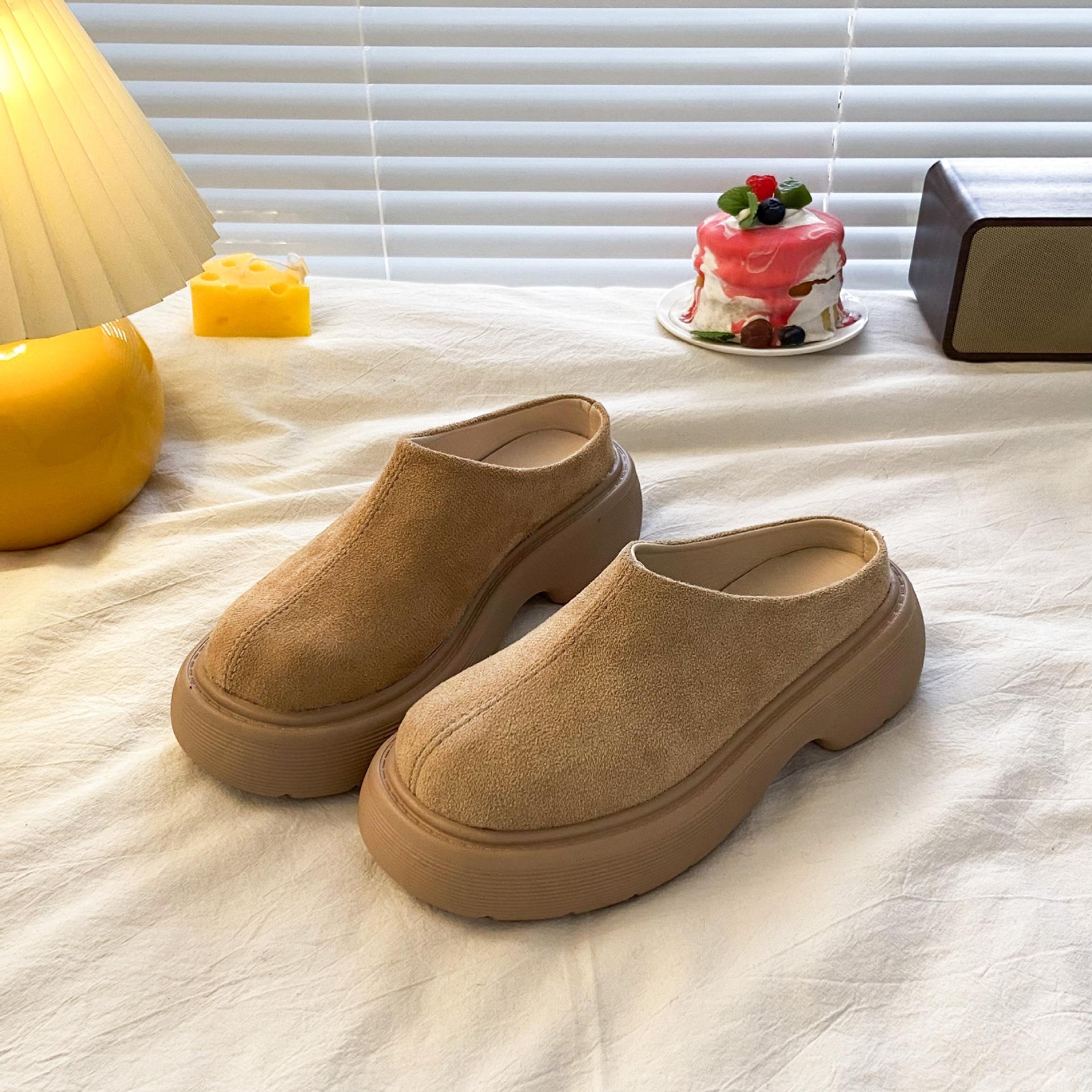 

Туфли-мешки на толстой подошве, полутапочки, повседневная верхняя одежда, ретро-туфли на толстом каблуке осень 2024 года, ленивый человек, одна педаль, женские туфли Muller 35 хаки