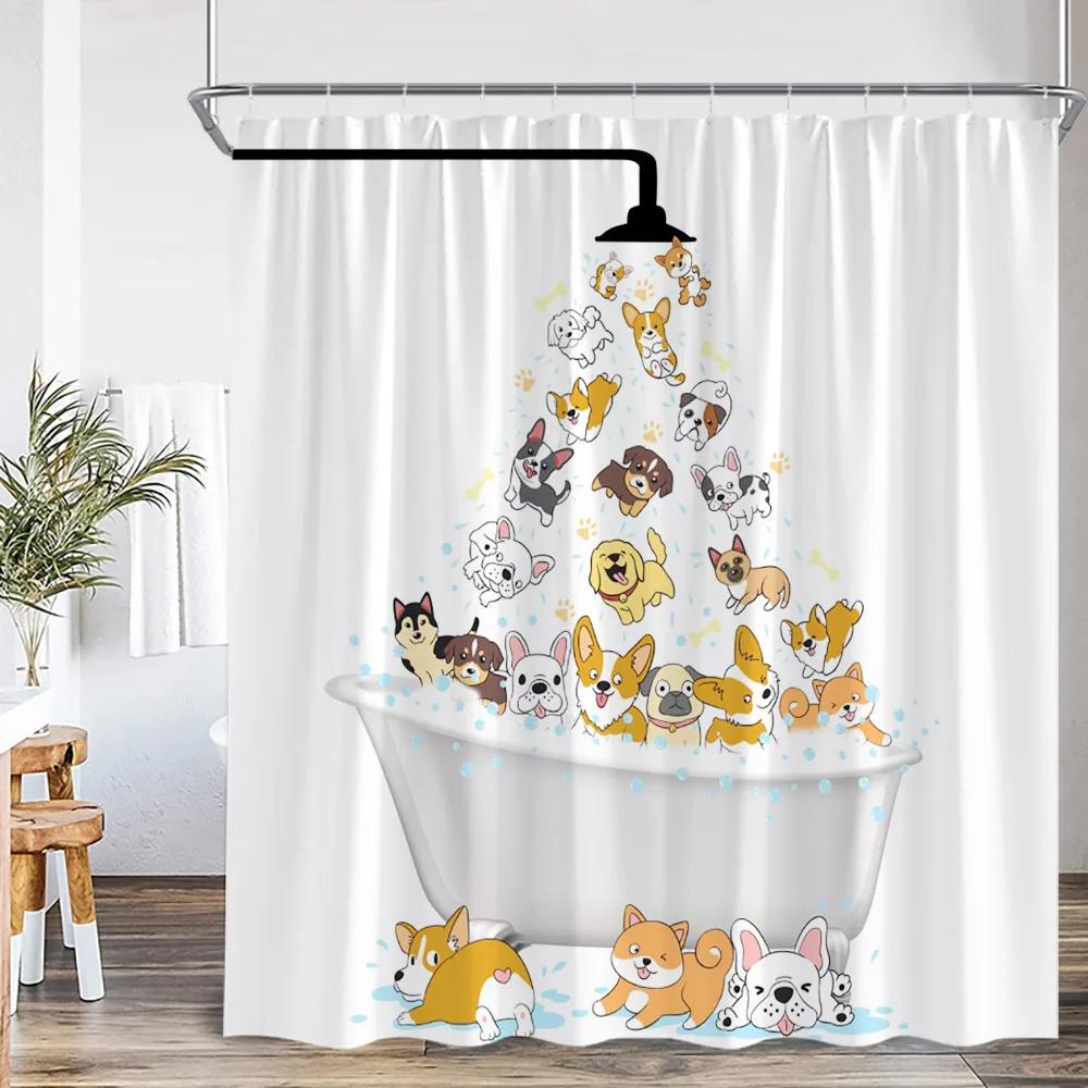 Funny Animal Cartoon Shower Curtain Ocean Life Dog Bathing Cat Kid Bathroom Decor Children Polyester Bath Curtain with Hooks