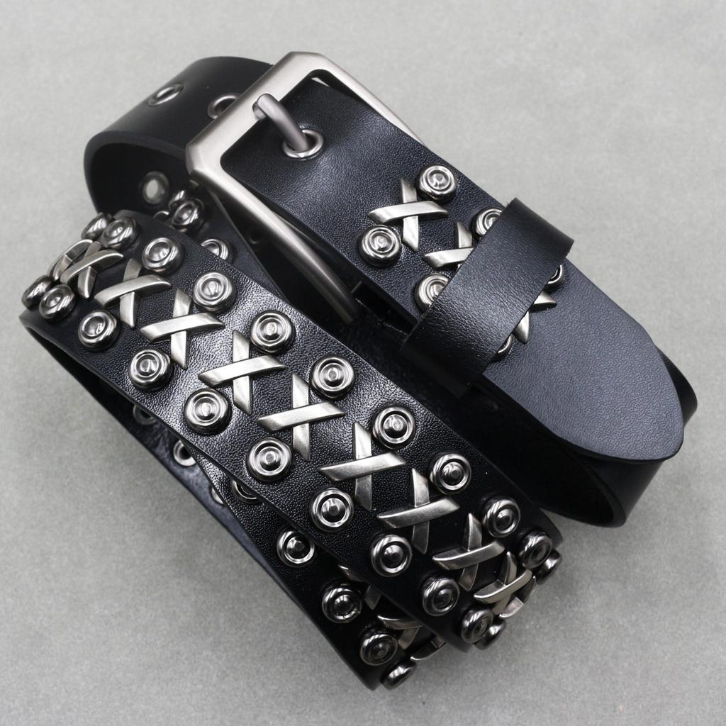 Cowhide Personality Trend Punk Men's Belt Round Rivet Neutral Pin Buckle Street Heavy Industry Belt