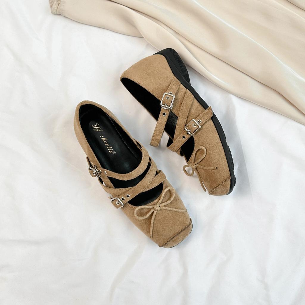 Height increase 5CM bow square head shallow mouth single shoes women's 2025 new retro style cross buckle suede ballet shoes