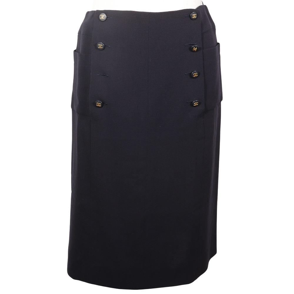 

CHANEL COCO Mark Double Button skirt P07931V04916 97P vintage Navy blue wool Women Used