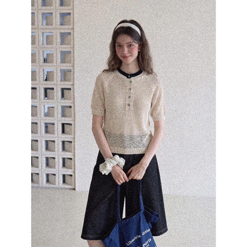 Oatmeal Polo Neck Hollow Ice Silk Knitted Short Sleeve T-Shirt Women's Summer Loose Design Niche Lapel Top