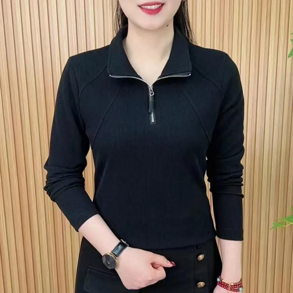 Women's Elegant Slimming Fashionable Casual Sporty Half-Zip Long-Sleeve Shirt Top for Spring