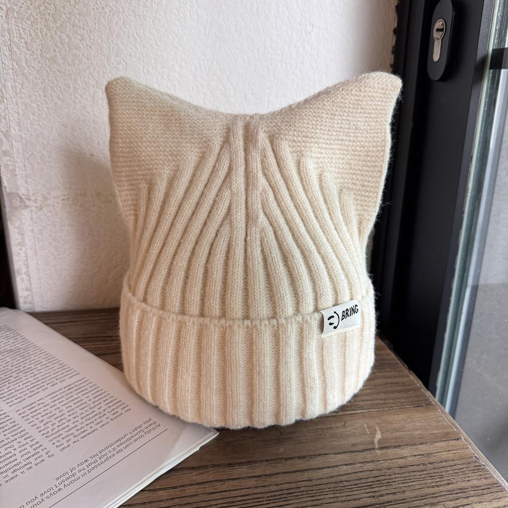 Cute Solid Cat Ears Shape Design Women Wool Knitting Hat For Fall Winter And