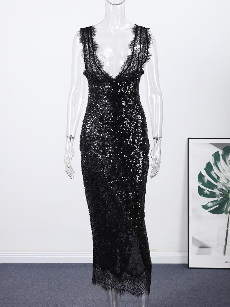 Damen V-Ausschnitt Formelles Kleid Damen Spitze Langkleid Damen Rückenfreies Sexy Kleid Damen Schwarzes Kleid 2026