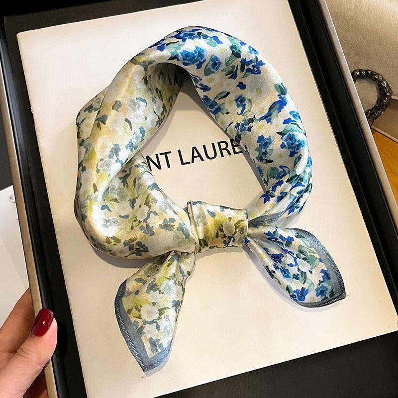 New Women Square 100% Natural Silk Scarf Foulard Bandana Lady Floral Neck Scarves for Hair Neckerchief Spring Bag Ties 53cm