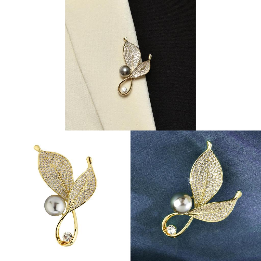 Leaf Brooch For Women With Artificial Pearl And Rhinestone Decoration For Wedding Or Gift