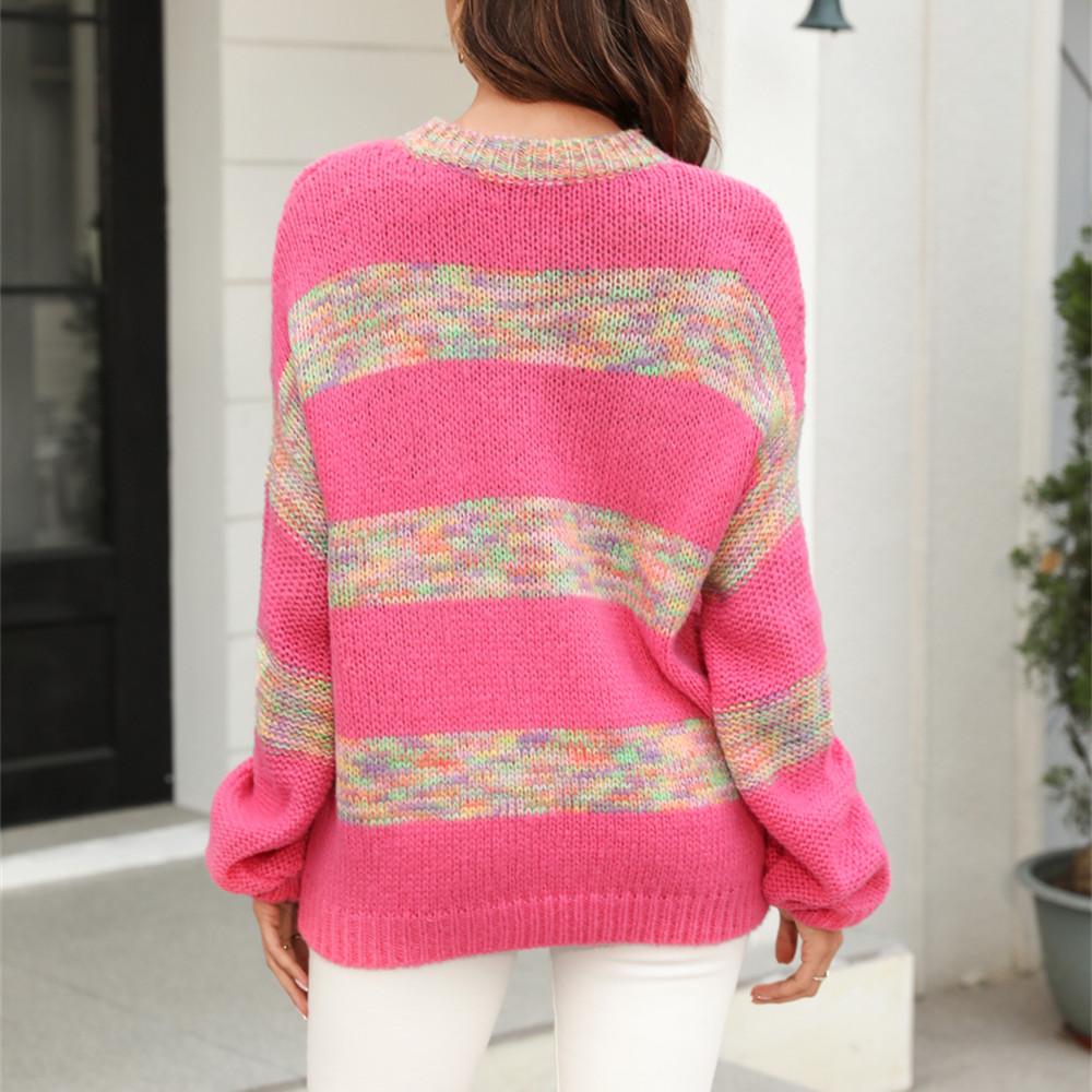 GMXIA Women's Fashion Casual Stripe Print Autumn Winter Long Sleeve O-Neck Loose Sweaters