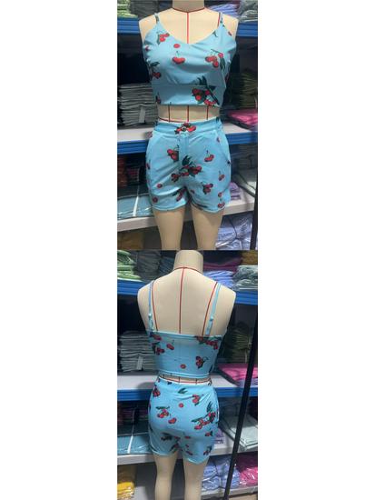 European and American Women's Summer Spaghetti Strap Slim-Fit Printed Shorts Set