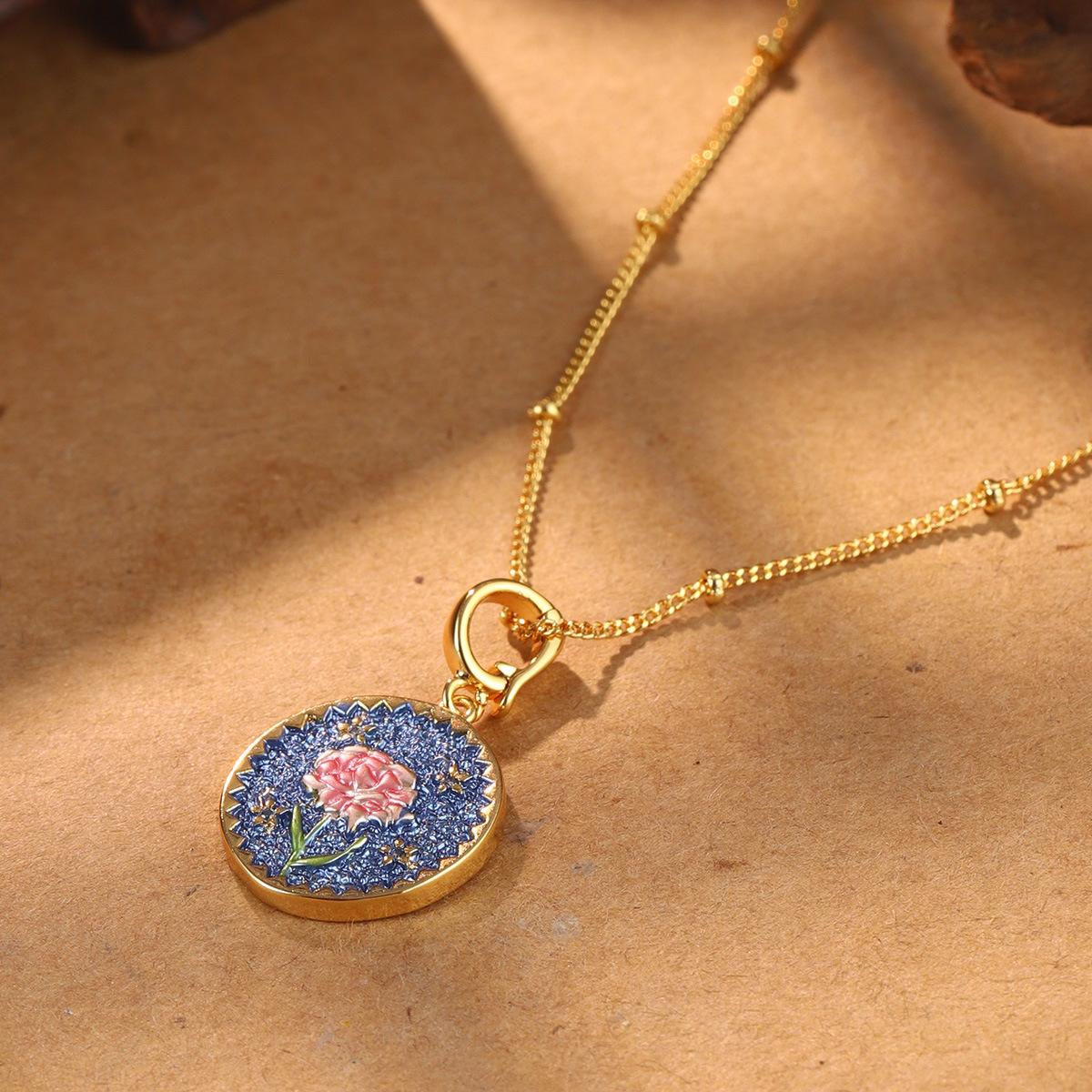 

Twelfth Birthday Flower Series Necklace Round National Style Simple Brooch Retro Court Style Earrings Universal Buckle Necklace Set