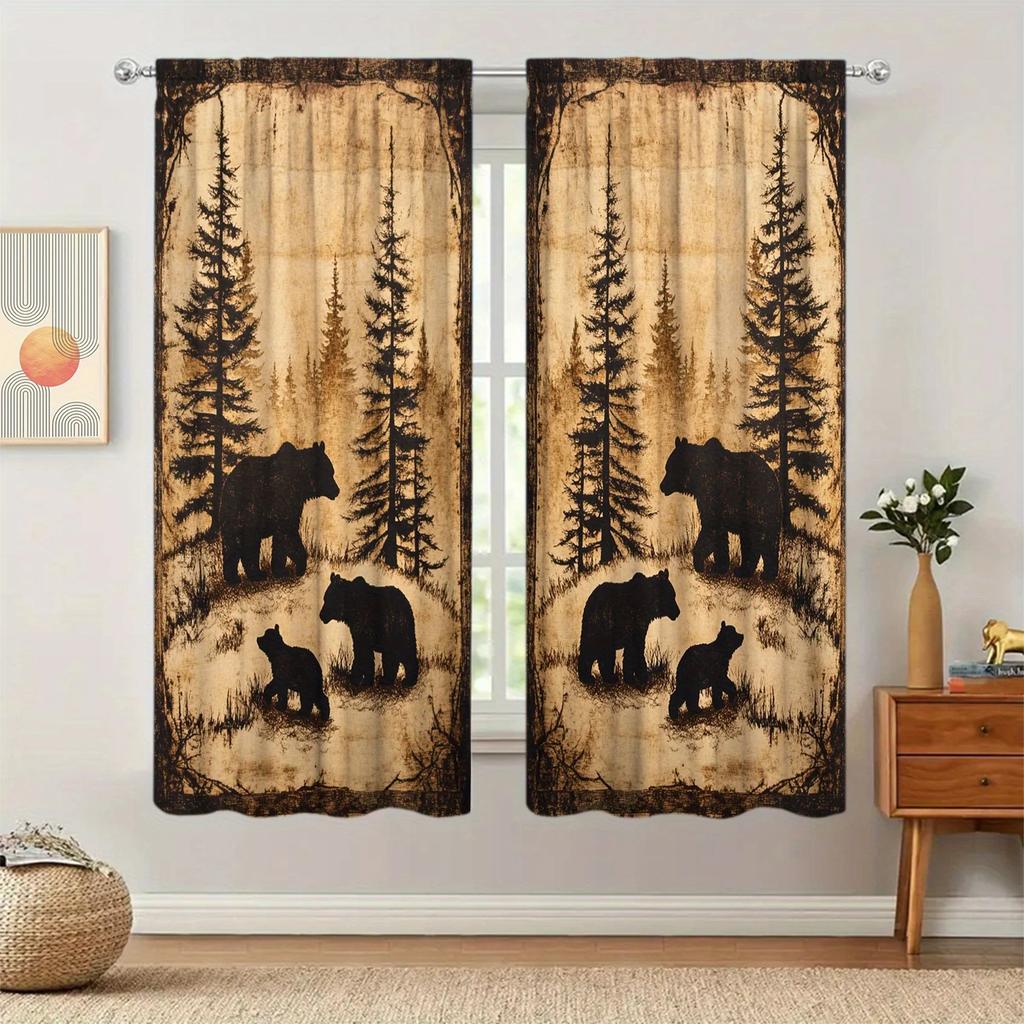 2Pcs- Retro Bear Silhouette Printed Curtains, Bedroom And Living Room, Home Decoration, Room Decoration