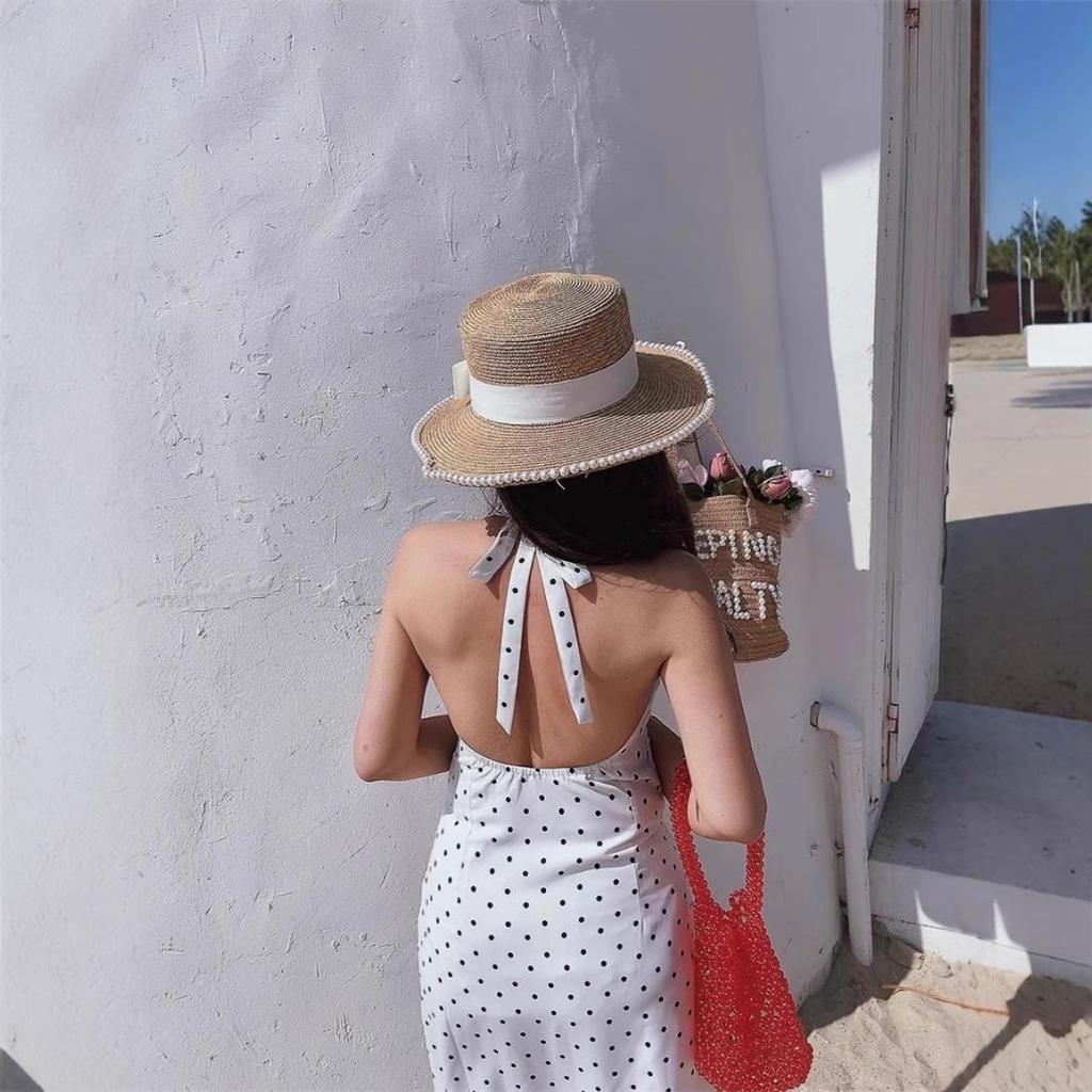 Robe Halter Blanche à Pois pour Femmes - Style Français Sans Manches Col V A-Line Jupe Courte