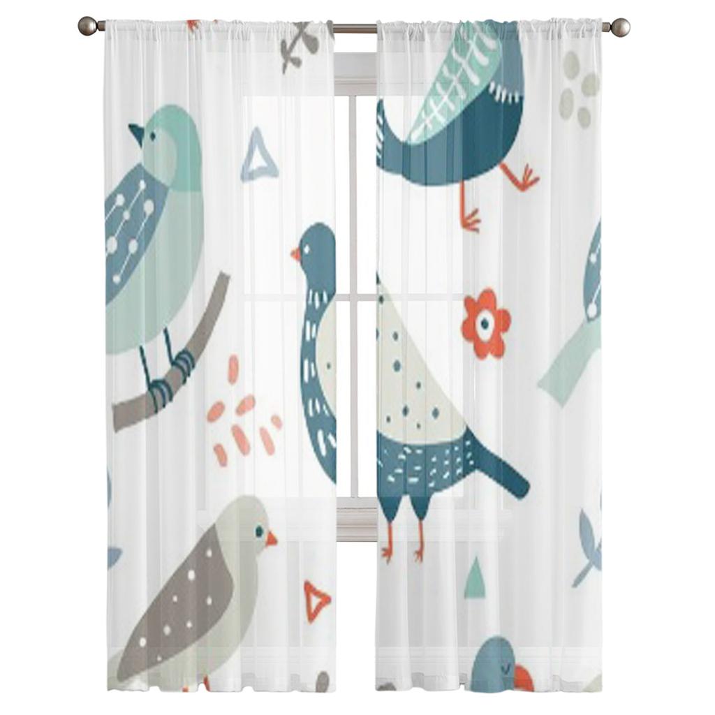 Birds Flowers Abstract Doodle Shapes Tulle Sheer Curtains for Living Room Bedroom Kitchen Decoration Voile Organza Curtains