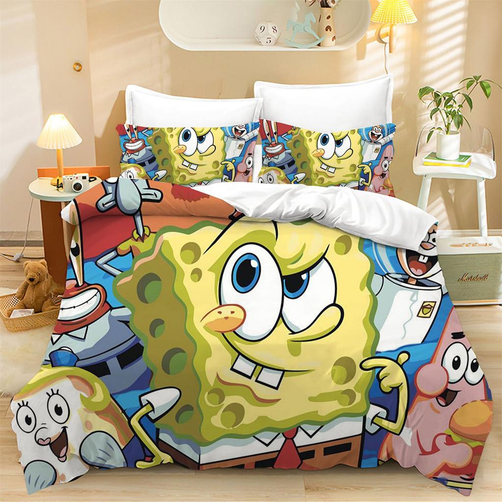 Cartoon New 3d Funny S-SpongeBobS Duvet Cover Pillowcases Twin Full Queen King Size Bedding Set Soft Bed Linens Bedclothes