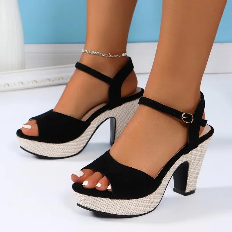 Fashion 2025 New Summer Open toed European and American Style Large Round Head Solid Color Buckle High Heel Sandals for Women