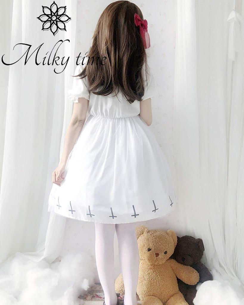 Milky Time Women's Dark Gothic Lolita Dress with Hexagram Design, Halloween Costume (White, Short Sleeves, Size M)