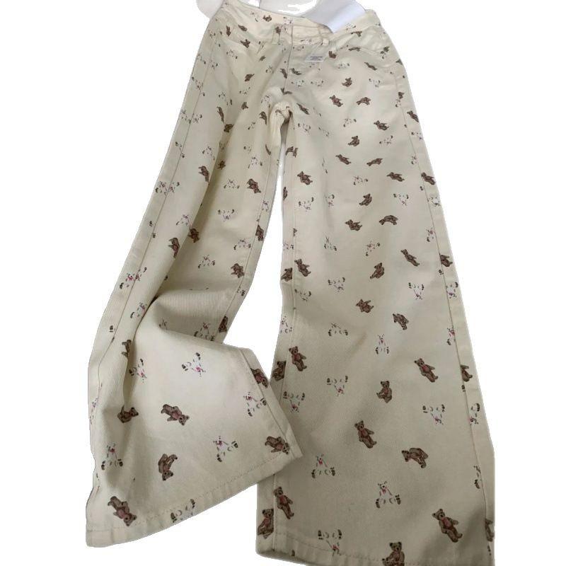 High Street cartoon bear floral jeans women's new straight loose drape floor wide-leg pants
