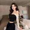 ZS4777 Black Light Luxury Sexy One-Shoulder Bandeau Top - Women's Elegant, Age-Defying Long Sleeve Style
