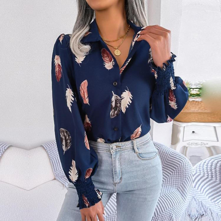 Ladies Fashion Women Polo Shirt Single Breasted Feather Lantern Sleeve Tops Spring Summer Temperament
