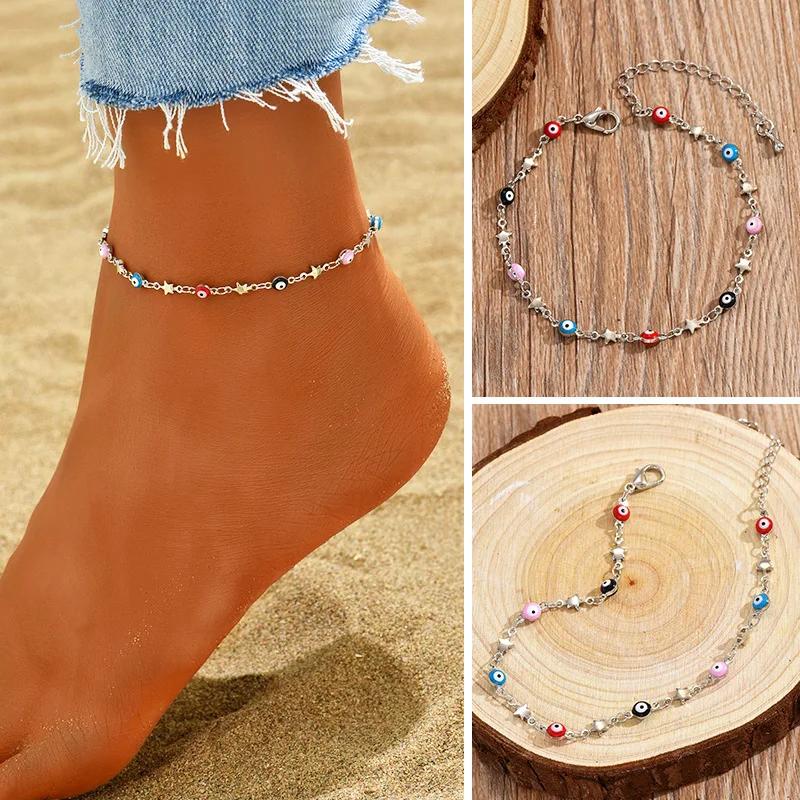Creative Simple Turkish Evil Eye Womens Anklets Boho Charm Shell Foot Bracelet Summer Beach Accessories Personality Jewelry Gift