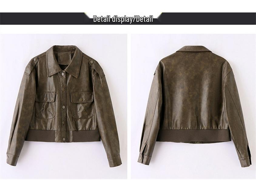 Women's Retro Genuine Leather Motorcycle Jacket, Spring/Autumn 2025 Fashion, Solid Color, Loose Fit, Short Style.