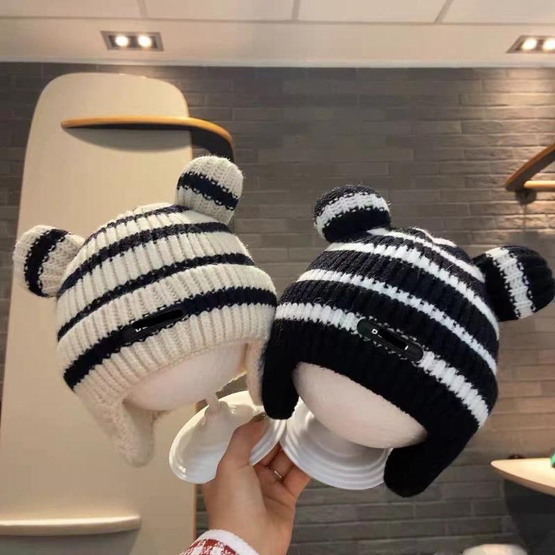 Baby hat autumn and winter striped ear hat cartoon children's warm fleece baby pullover knitted wool hat