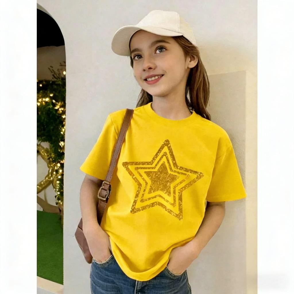 Summer New Children Tee Star Graphic Round Neck T-Shirt Girl Clothes Short Sleeve Outdoor Breathable Top Clothing