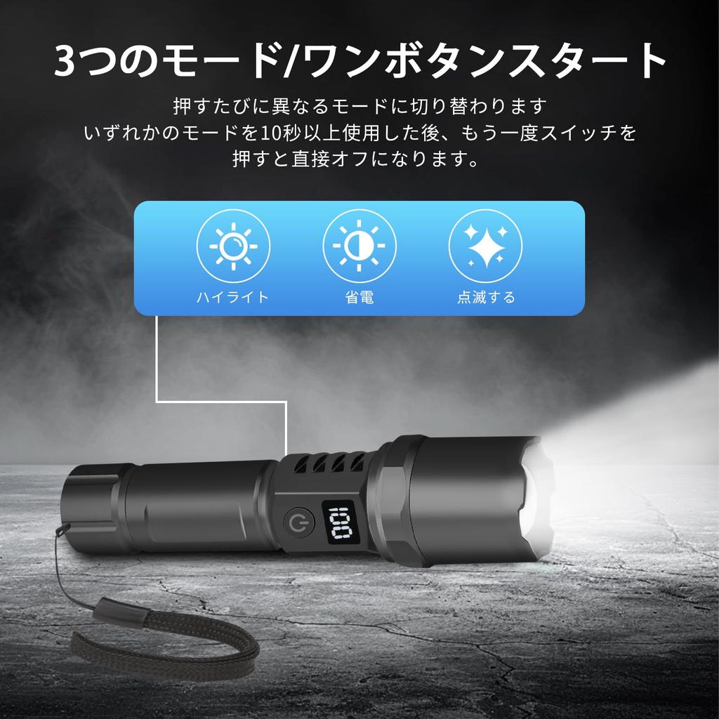 ABODXWERDI Powerful Rechargeable Flashlight with 3 Modes for Emergency Digital LED for Emergency Power First Outdoor Night and Dog Walking Use, Type-C