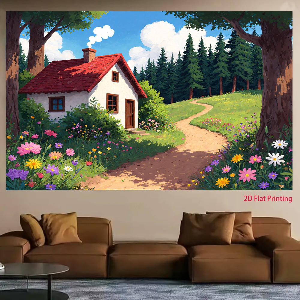2D plane a small wooden house in a vibrant forest suitable for decorating for various party activities polyester fiber