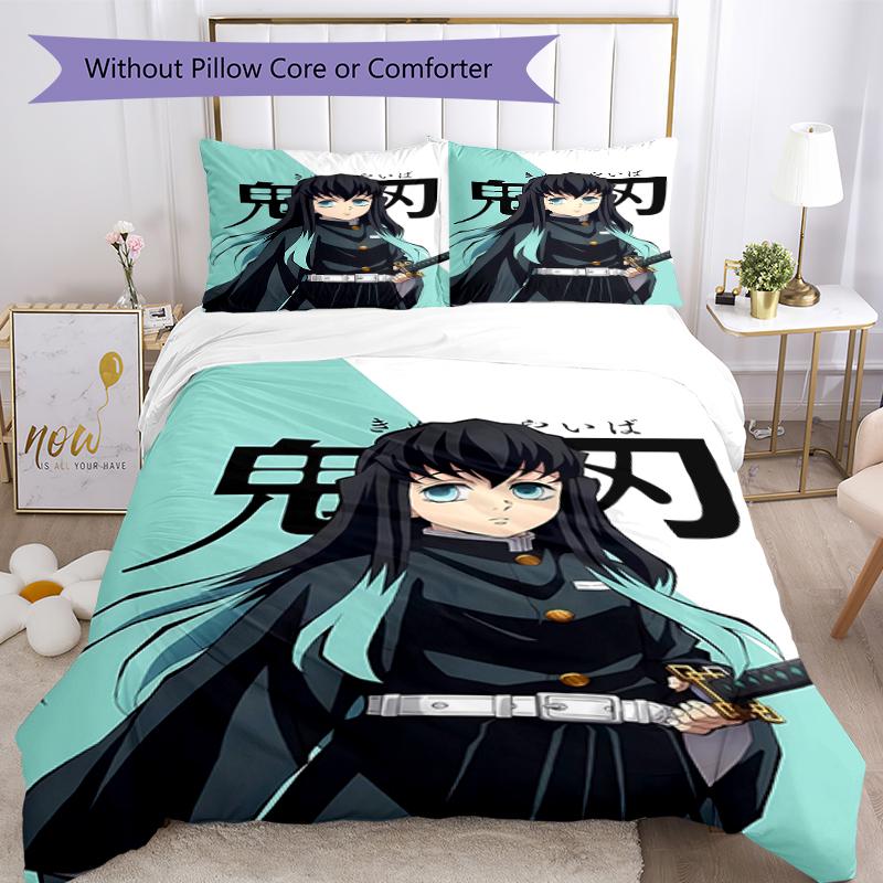 3pcs Demon Slayer Characters Pattern Bedding Set Duvet Cover Set Includes Duvet Cover &pillowcases, Perfect All Season Bedroom Decoration & Gift