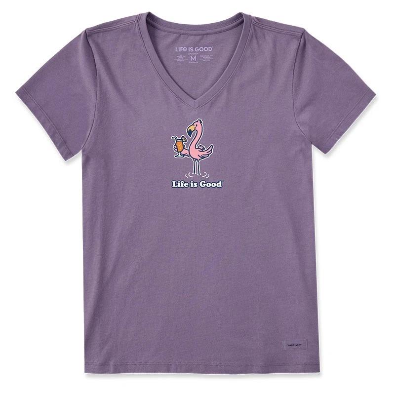 

Life is Good Women s Flamingo Cocktail Short Sleeve Crusher-LITE Vee Dusk Purple L