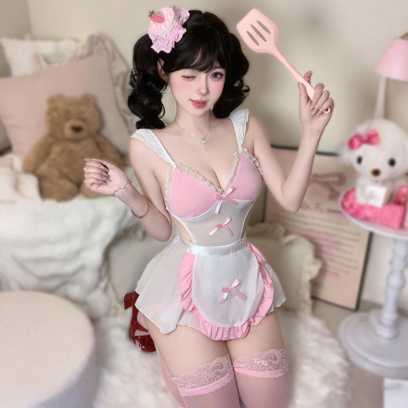 Sweet Lolita Dresses Cosplay Costume Men Women Maid Outfit Anime Sexy Pink White Apron Dress HOT See-through Backless Uniform