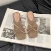 Retro versatile square head bow square heel one-word slippers women's summer fashion strap with skirt slope heel cool slippers