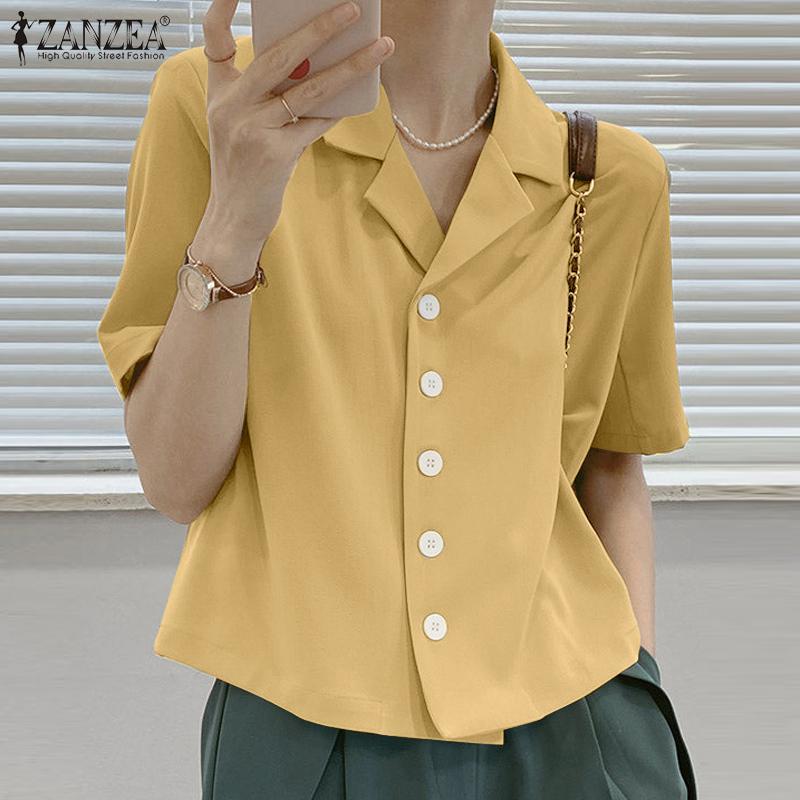 

ZANZEA Женская рубашка с коротким рукавом, летние элегантные повседневные офисные топы с воротником с лацканами