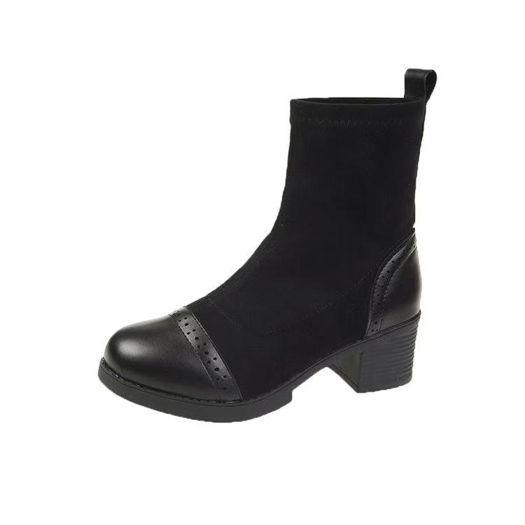 Winter new versatile velvet warm elastic boots women's retro non-slip thick heel fashion thin boots