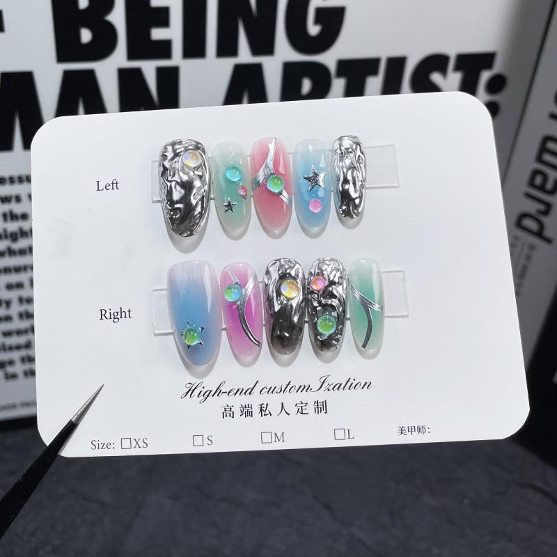 Handmade Press-On Nails Women Sweet Edgy Contrast Color 3D Embossed Oval Nail Tips In XS S M Sizes