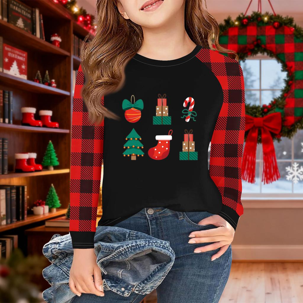 Girls Long Sleeve Christmas Day T Shirts Kids Fall Tops Crewneck Basic Tees 5-14Y