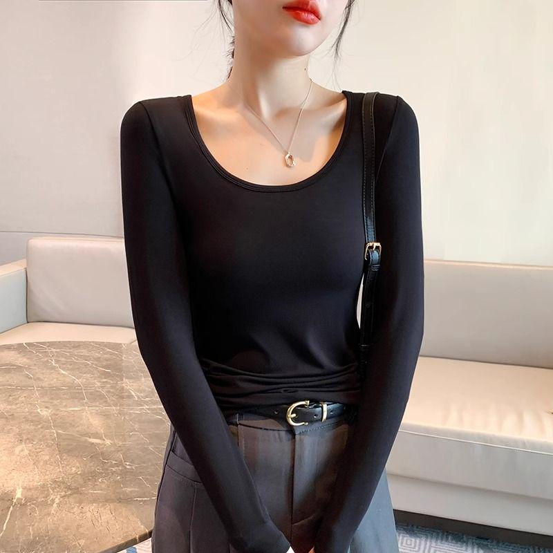Women's Black Modal Crew Neck Long Sleeve Base Layer Top - Slim Fit, Low Neck Design for 2025 Autumn/Winter