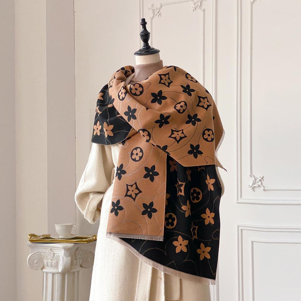 Luxury Women Two-Sided Print Scarf Soft Warm Pashmina Flower Shawl Winter Outdoor Coldproof Windproof Blanket Scarf
