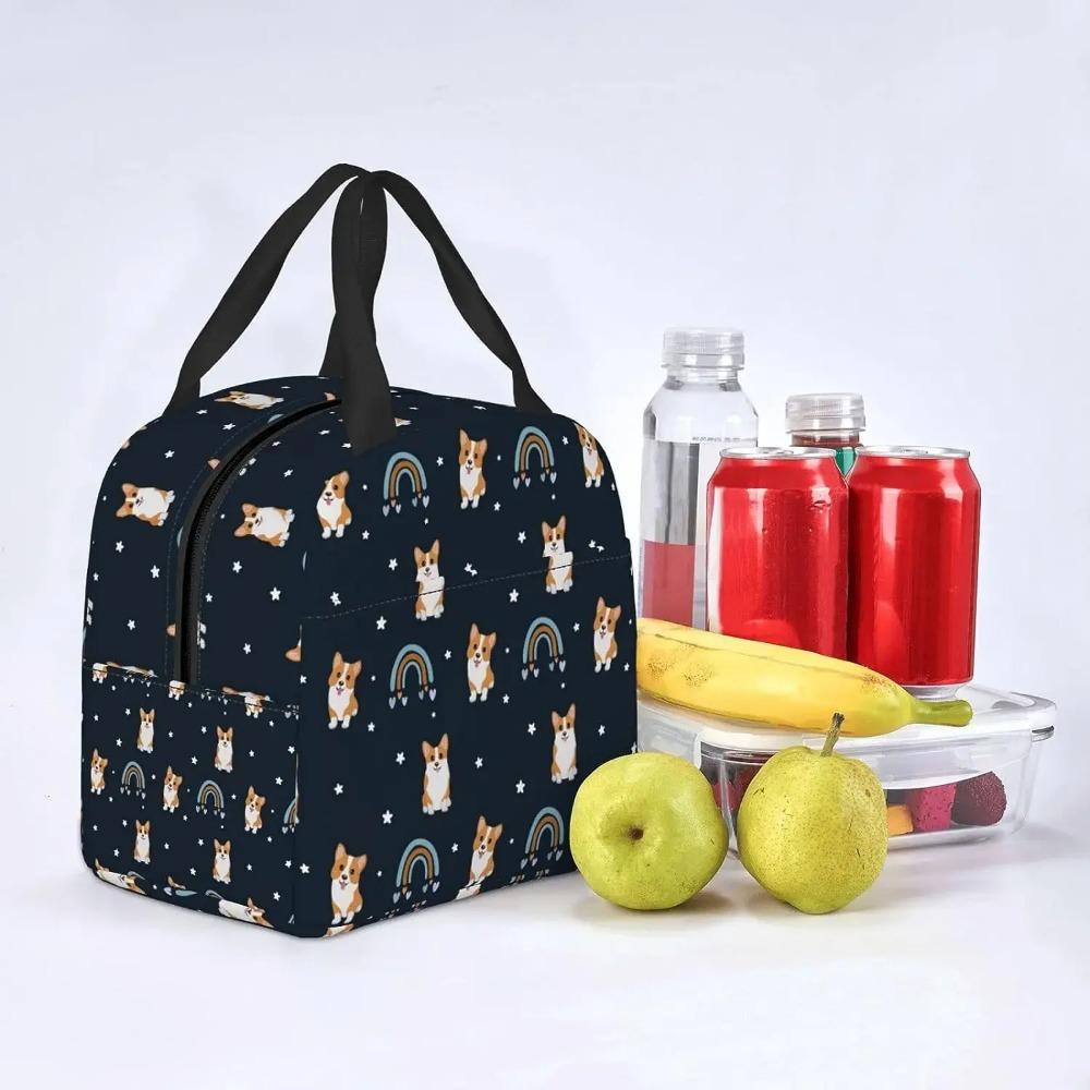 Black Boho Rainbow and Corgi Lunch Bag Cute Corgi Print Insulated Lunch Box Container with Frond Pocket for Work Picnic Travel