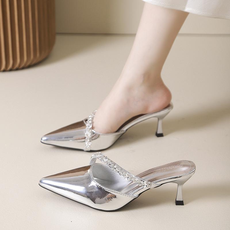 2025 Spring New Pointed Rhinestone High Heels Women's Empty Slippers Thin Heel Bag Head Black Waterproof Table Half Slippers